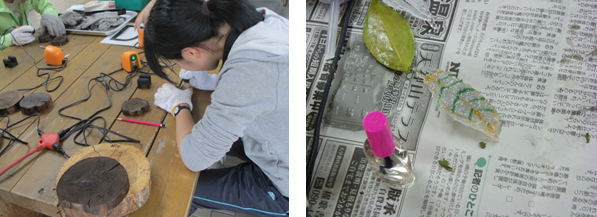 電熱ペンを使って作品を製作する参加者・葉っぱから製作された綺麗なブローチ